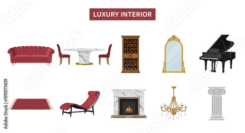 Collection of luxury interior furniture and decor items against a white background