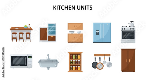 Collection of ten distinct kitchen units and appliances against a white background