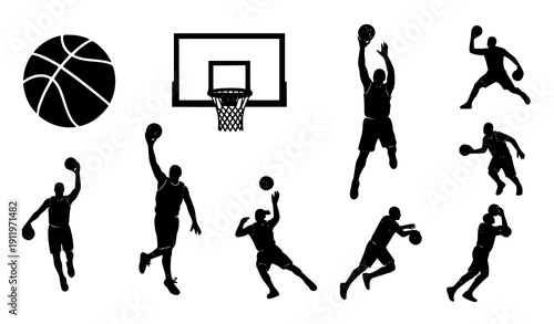 Basketball silhouette icons ball hoop player vector set