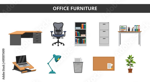 Collection of ten illustrated office furniture and equipment icons on a white background