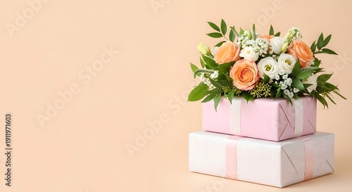 Beautiful flower arrangement for mother's day celebration with peach roses and white flowers in a pink gift box