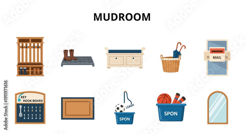 Flat icons depicting various mudroom furniture and accessory items