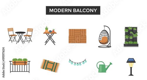 Flat icons for decorating a modern balcony setup featuring furniture and plants