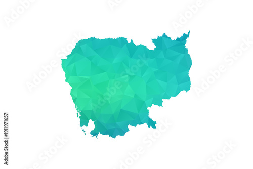 Cambodia Map - Polygon Style Vector Illustration in Green and Blue Gradient, Low Poly Geometric Design, Isolated on White Background, Perfect for Infographics and Learning Use.
