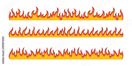 Fire Flame Border Set  Horizontal Burning Blaze Line Elements Orange Heat Decoration Vector Illustration Collection . eps10