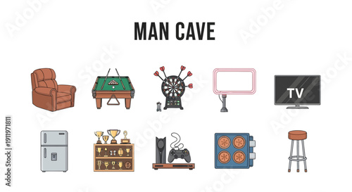Illustration of ten different objects commonly found in a MAN CAVE