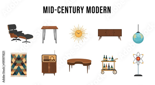 Illustration of ten MidCentury Modern design elements on a white background