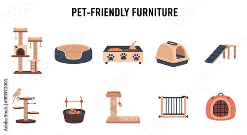 Illustration of various pet furniture and accessories including cat trees beds feeders litter box ramp gate carrier and bird perch