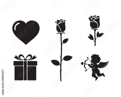 Captivating Love Symbols: Heart Rose Gift and Cupid Silhouettes for Romantic Celebrations