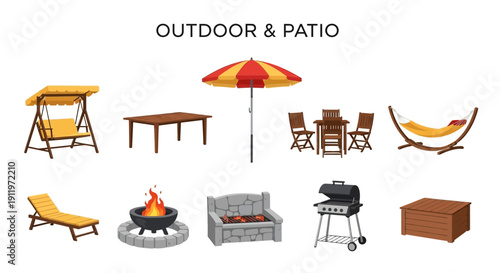 Outdoor  Patio furniture illustrations swing table umbrella chairs hammock lounger fire pit grill