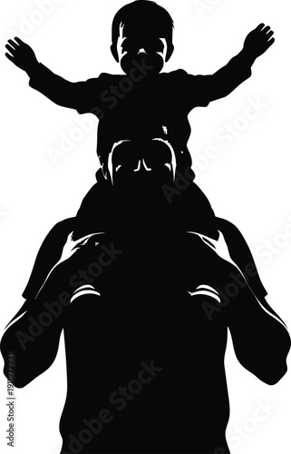 A silhouette of a man holding a child on his shoulders