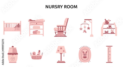 Pink nursery room icons including crib changing table rocking chair mobile and toys