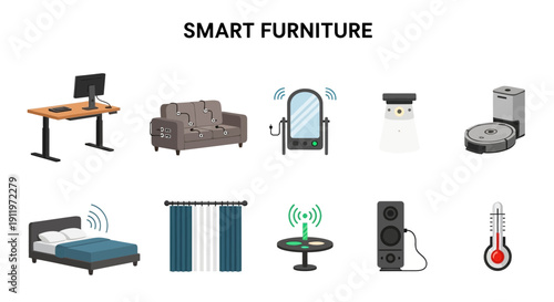 Smart furniture illustration showing a desk couch mirror lamp robot vacuum bed curtains table speaker and thermometer