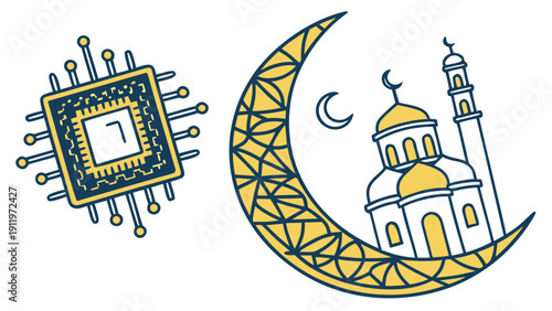 A futuristic illustration of a crescent moon embracing a circuit board and a mosque, symbolizing the blend of technology and Ramadan, viewed from a straightforward perspective.