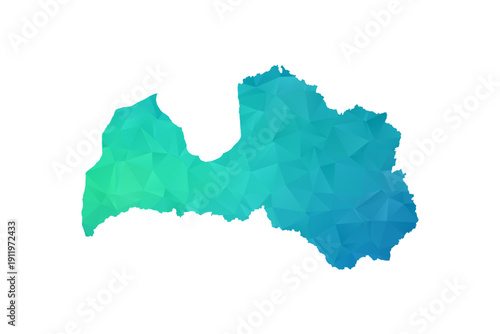Latvia Map - Polygon Style Vector Illustration in Green and Blue Gradient, Low Poly Geometric Design, Isolated on White Background, Perfect for Infographics and Learning Use.