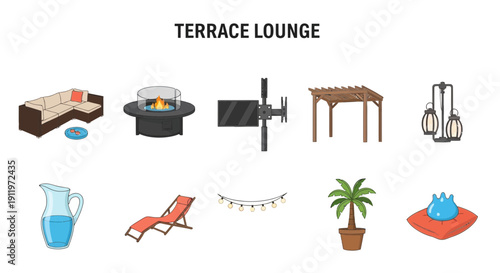 Terrace Lounge icon set featuring outdoor furniture fire pit TV mount pergola and decor