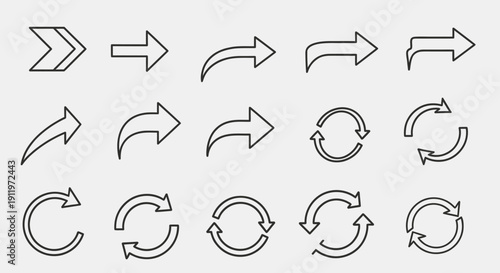 Collection of Modern Arrow Icons Displaying Direction, Refresh, and Circular Flow on Isolated White Background.