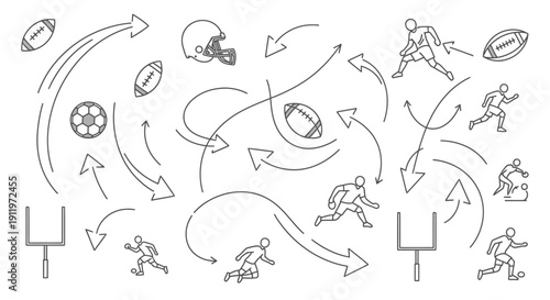 Dynamic Sports Strategy with American Football Players, Soccer Ball, and Arrows Indicating Movement on Isolated White Background.