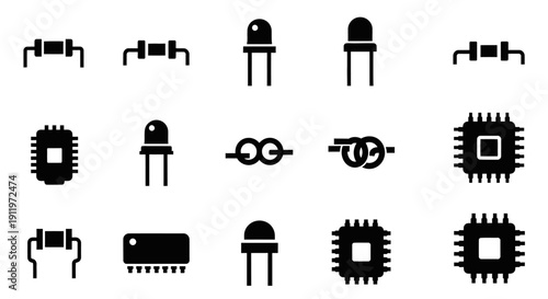 Collection of Black Silhouette Electronic Components Icons Including Resistors, Diodes, and Microchips on Isolated White Background.