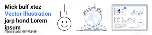 Education, knowledge sharing, personal growth, data analysis, business planning, creative learning. happy face, open book with a globe data dashboard. Education and knowledge sharing concepts