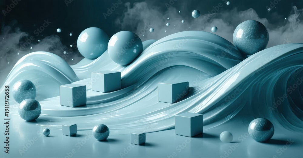 Fototapeta premium Abstract fluid shapes, spheres, cubes. Turquoise color palette dominates composition. Dramatic lighting creates depth, shadows. Minimalist design.
