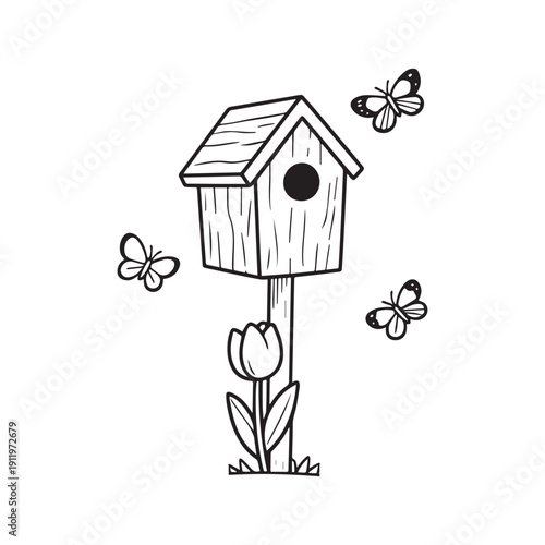 Cute Cartoon Birdhouse and Butterfly Garden Scene Spring Nature Children Coloring Page. 