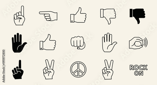 Diverse Set of Hand Gesture Outline and Solid Icons in Bright Studio