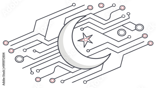 Crescent moon and microchip fusion, symbolizing technology integration during Ramadan, in a futuristic illustration from a top viewpoint