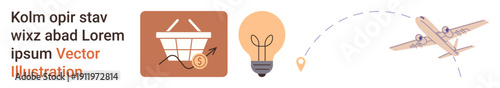 E-commerce, ideas, innovation, travel, online shopping, logistics. Shopping basket and coin, light bulb airplane and map pin. E-commerce and innovation concept