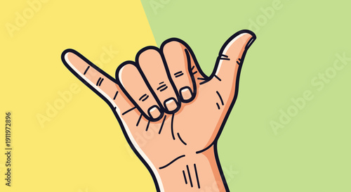 Pop Art Style Illustration of a Hand Making a Shaka (Hang Loose) Sign on a Split Yellow and Green Background.