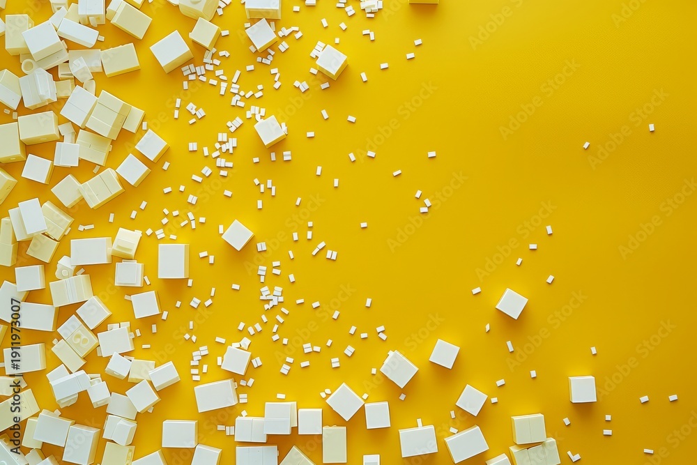 Fototapeta premium White blocks scattered on yellow background flat lay minimal concept art director style