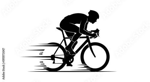 Silhouette of Male Cyclist Racing with Speed Lines on Isolated White Background