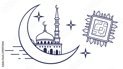 Digital illustration of a mosque with a crescent moon and microchip surrounded by stars in a night sky view