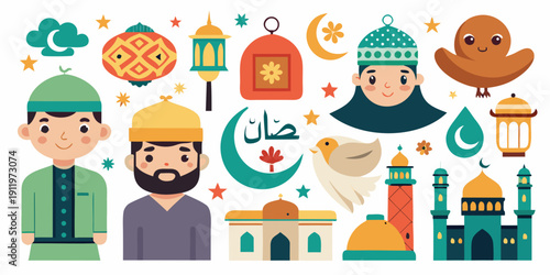Collection of islamic and ramadan kareem icons for eid al-fitr and eid al-adha celebration
