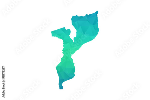 Mozambique Map - Polygon Style Vector Illustration in Green and Blue Gradient, Low Poly Geometric Design, Isolated on White Background, Perfect for Infographics and Learning Use.