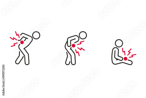 Body pain pictogram vector set showing back, stomach and abdominal pain. Medical icon illustration isolated on white for healthcare, clinic, symptom infographic and health awareness design