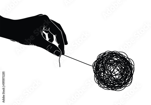 Human hand holding tangled thread vector showing problem solving concept symbol