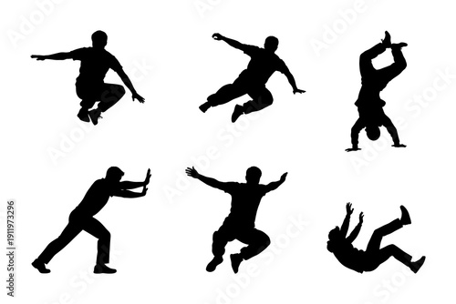 Parkour men silhouette vector set in dynamic jumping poses. Urban free running action collection isolated on white background for sport design, fitness poster and extreme movement concept