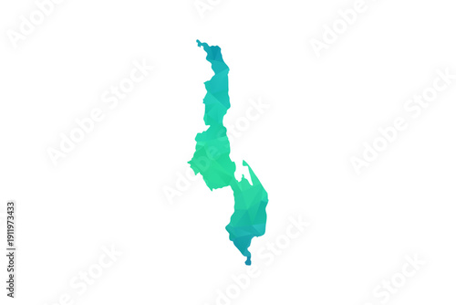 Malawi Map - Polygon Style Vector Illustration in Green and Blue Gradient, Low Poly Geometric Design, Isolated on White Background, Perfect for Infographics and Learning Use.