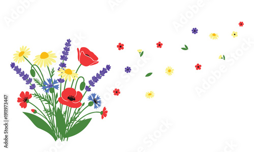 Bouquet of colorful wild flowers with petals blowing away vector illustration
