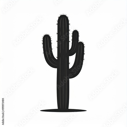 Black Silhouette Saguaro Cactus Plant Against White Background With Subtle Shadow Detail