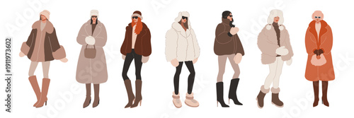 A set of seven flat vector illustrations featuring stylish Slavic girls in luxurious fur coats and winter boots. Diverse characters in warm neutral tones.