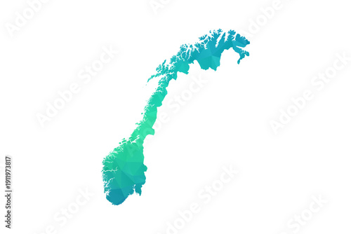 Norway Map - Polygon Style Vector Illustration in Green and Blue Gradient, Low Poly Geometric Design, Isolated on White Background, Perfect for Infographics and Learning Use.