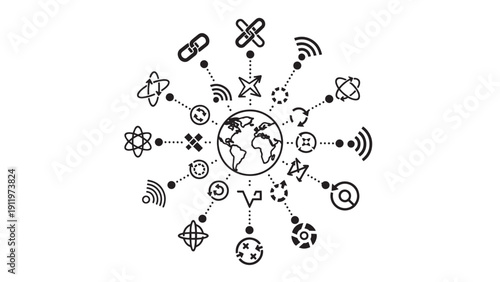 Global Connectivity and Technology Icons Represent a World of Digital Innovation.