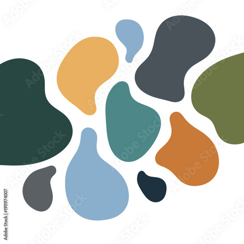 Abstract colorful shapes in various earthy tones on white background.