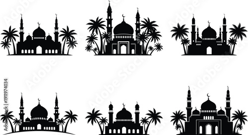 Ramadan mosque silhouette at night with crescent moon