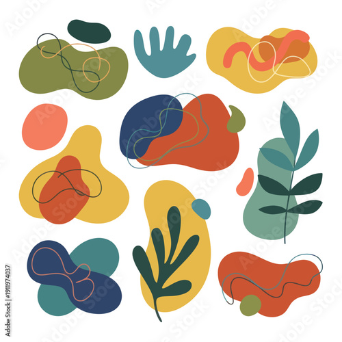 Abstract colorful shapes and leaves collection.