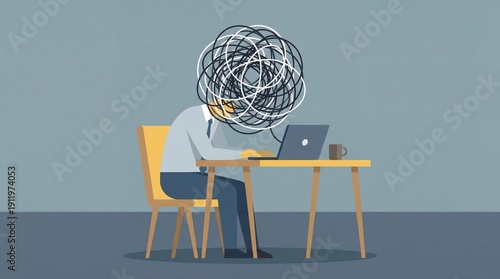 Flat Illustration of Person at Desk with Tangled Wire Knot Head Representing Over-complexity and Mental Clutter