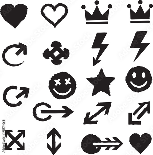 Black silhouette icons set including arrows symbols and emojis silhouette