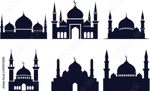 Ramadan mosque silhouette Collection at sunset with crescent moon